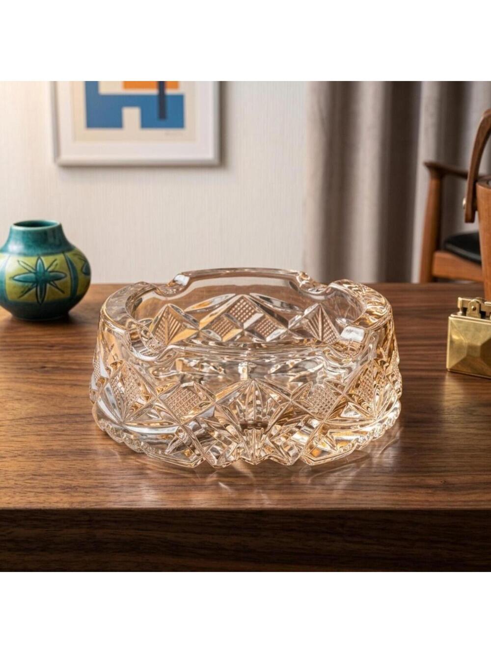 Genuine Bohemian Heavy Hand Cut Lead Crystal Ashtray Holds 2 Cigar Cigarette 6"